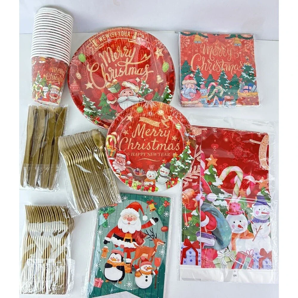 175 Pc Christmas Party Supplies Plates Napkins Merry Christmas Happy New Year